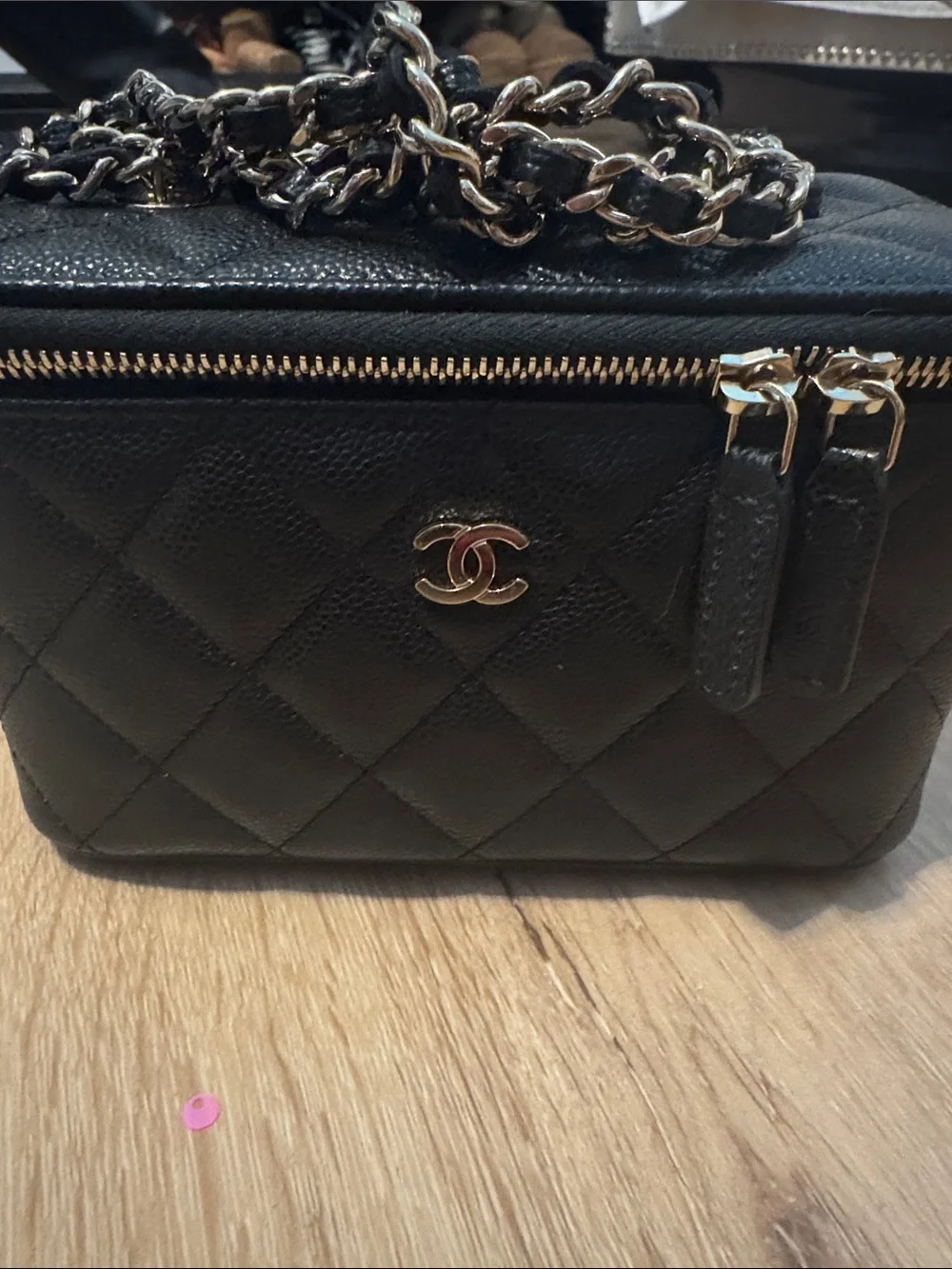 Authentic CHANEL Black Quilted Vanity Case with Gold-Tone CC *As Is*